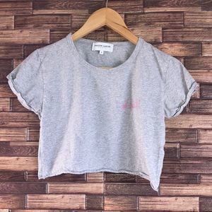 Womens Madison Labiche Paris Gray Crop Top Tee Small w/ Pink Oh LA LA!